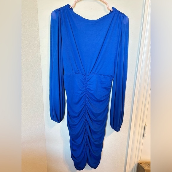 Blue Long sheer sleeve bodycon dress, Plunge neck stretchy knit ruched skirt. Sm - Picture 5 of 9